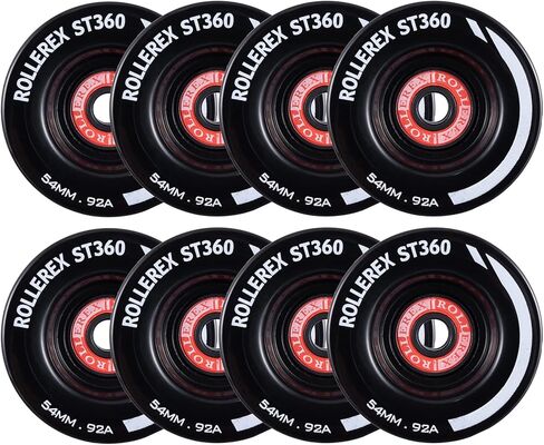 Rollerex ST360 92A 54mm x 32mm Roller Skate Wheels (8-Pack w/Bearings, Spacers and Washers) (Color Options) - Indoor Outdoor - Use for Quad Skate Wheel Replacement (Steel Black) in Kuwait