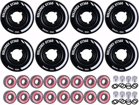 Rollerex ST360 92A 54mm x 32mm Roller Skate Wheels (8-Pack w/Bearings, Spacers and Washers) (Color Options) - Indoor Outdoor - Use for Quad Skate Wheel Replacement (Steel Black) in Saudi Arabia