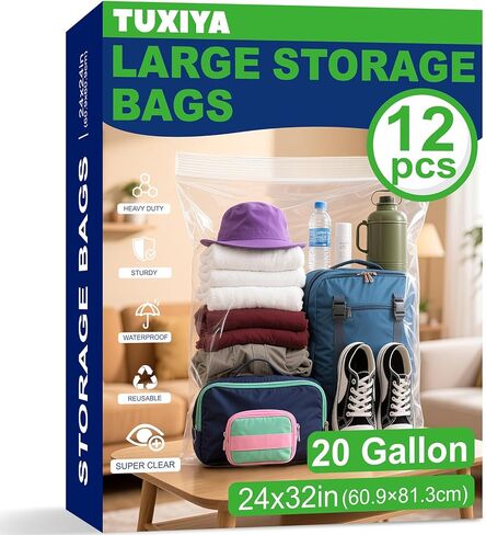 24PACK 20 Gallon Extra Large Zipper Plastic Bags for Storage 24'' x 32'',Extra Large Clear Zipper Bags Reusable for Clothes, Home Moving, Travel, Camping, Thick 6 Mil in Kuwait