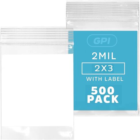 2Mil Small Plastic Bags 2 x 3 inches, 500 pack ZIP Bags, Write on White Block, Reclosable Zipper small plastic Storage Baggies GPI Brand, for Daily Vitamin, Pill, Jewelry, Candy in Kuwait