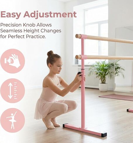 6FT Pink Solid Wood Ballet Barre – Adjustable 6.7-46 Inches, Portable Exercise Bar for Dance Fitness, Home Workout Equipment, and Pilates Training in Saudi Arabia
