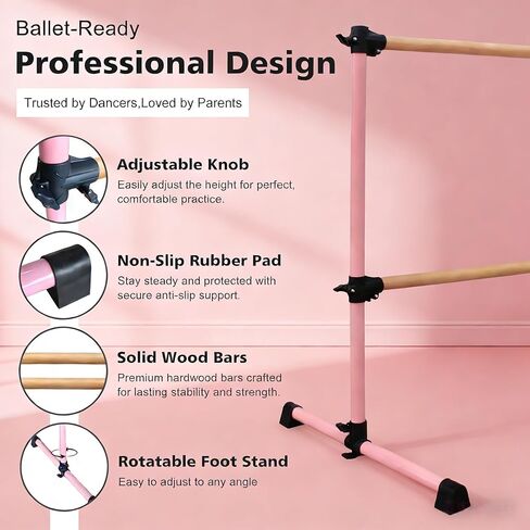 6FT Pink Solid Wood Ballet Barre – Adjustable 6.7-46 Inches, Portable Exercise Bar for Dance Fitness, Home Workout Equipment, and Pilates Training in Saudi Arabia