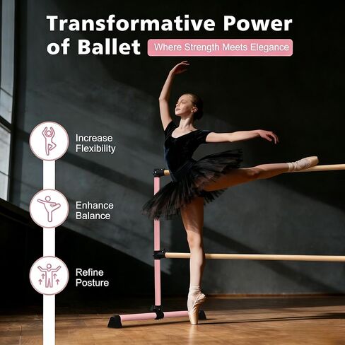 6FT Pink Solid Wood Ballet Barre – Adjustable 6.7-46 Inches, Portable Exercise Bar for Dance Fitness, Home Workout Equipment, and Pilates Training in Saudi Arabia
