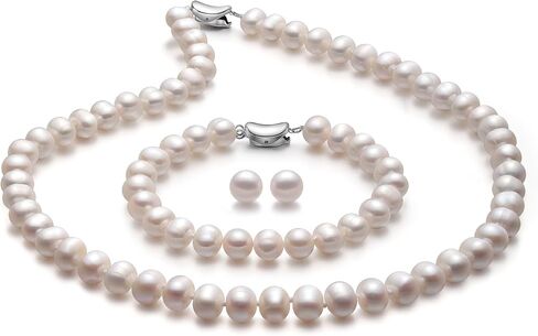 Freshwater Cultured Pearl Necklace and Earring Set Genuine Pearl Jewelry Set Includes Stunning Bracelet and Stud Earrings Real Pearl Necklace Set for Women Valentine's Day Mother's Day Birthday Presents in Kuwait