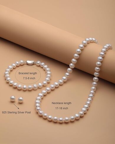 Freshwater Cultured Pearl Necklace and Earring Set Genuine Pearl Jewelry Set Includes Stunning Bracelet and Stud Earrings Real Pearl Necklace Set for Women Valentine's Day Mother's Day Birthday Presents in Kuwait