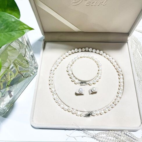 Freshwater Cultured Pearl Necklace and Earring Set Genuine Pearl Jewelry Set Includes Stunning Bracelet and Stud Earrings Real Pearl Necklace Set for Women Valentine's Day Mother's Day Birthday Presents in Kuwait