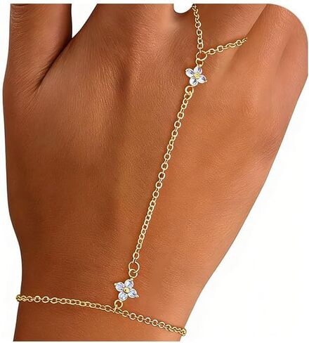 Gold Bracelets for Women Trendy, Dainty Gold Hand Chain Bracelets Stackable 14k Gold Plated Finger Ring Bracelet Hand Chain Cz Flower Layered Link Bracelets for Women Non Tarnish Jewelry Gifts in Kuwait