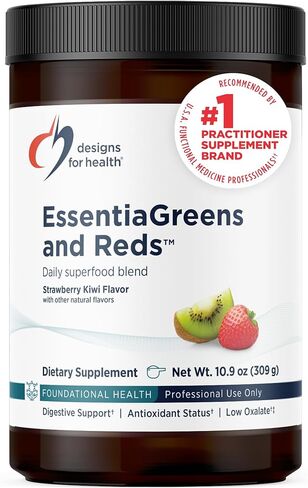 Designs for Health EssentiaGreens and Reds (الفراولة والكيوي، 30 حصة)، مسحوق نباتي فائق الجودة مع سبيرولينا، واللفت، والتفاح والمزيد، للتغذية اليومية وصحة الجهاز الهضمي in Saudi Arabia