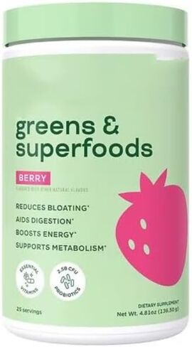 Super Greens & Superfoods Powder, Berry Flavor, 25 Servings Gut Health & Bloating Support with Probiotics, Fruits & Veggies in Kuwait