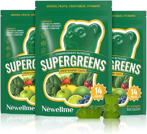 NEWELLME Super Greens Gummies, Delicious Daily Greens Multivitamin Gummy Bears with Superfoods, Fiber & Probiotics for Gut Health, Energy & Immune Support, Sugar Free, 14 Grab-and-Go Packs in Saudi Arabia