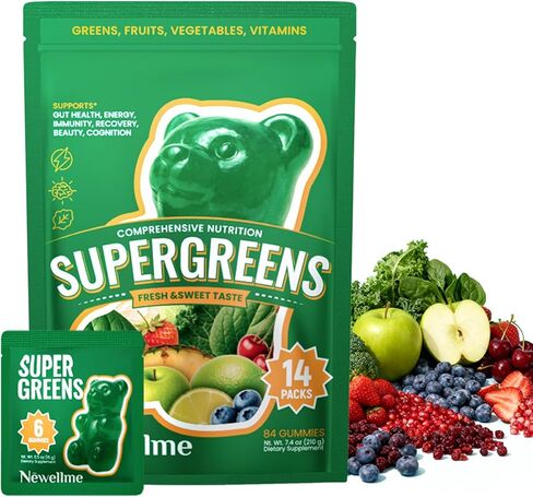 NEWELLME Super Greens Gummies, Delicious Daily Greens Multivitamin Gummy Bears with Superfoods, Fiber & Probiotics for Gut Health, Energy & Immune Support, Sugar Free, 14 Grab-and-Go Packs in Saudi Arabia