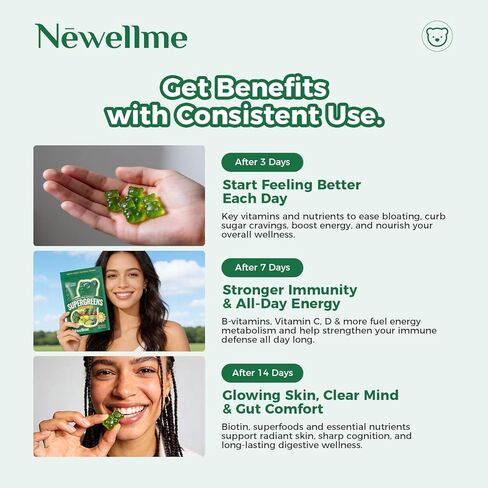 NEWELLME Super Greens Gummies, Delicious Daily Greens Multivitamin Gummy Bears with Superfoods, Fiber & Probiotics for Gut Health, Energy & Immune Support, Sugar Free, 14 Grab-and-Go Packs in Saudi Arabia