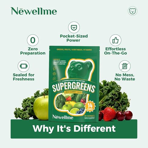 NEWELLME Super Greens Gummies, Delicious Daily Greens Multivitamin Gummy Bears with Superfoods, Fiber & Probiotics for Gut Health, Energy & Immune Support, Sugar Free, 14 Grab-and-Go Packs in Saudi Arabia