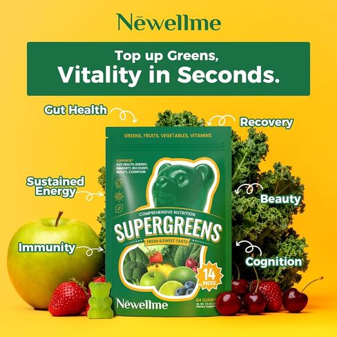 NEWELLME Super Greens Gummies, Delicious Daily Greens Multivitamin Gummy Bears with Superfoods, Fiber & Probiotics for Gut Health, Energy & Immune Support, Sugar Free, 14 Grab-and-Go Packs in Saudi Arabia