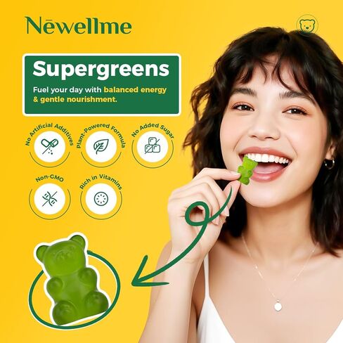NEWELLME Super Greens Gummies, Delicious Daily Greens Multivitamin Gummy Bears with Superfoods, Fiber & Probiotics for Gut Health, Energy & Immune Support, Sugar Free, 14 Grab-and-Go Packs in Saudi Arabia