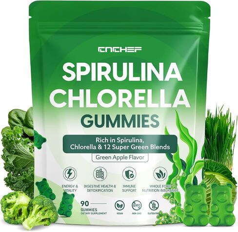 Organic Spirulina & Chlorella Gummies with 12 Super Greens Blend, Chlorophyll, Sea Moss, Parsley Leaf, Peppermint Leaf and Green Tea for Daily Energy, Detox & Immunity, 90-Count, Green Apple Flavor in Kuwait