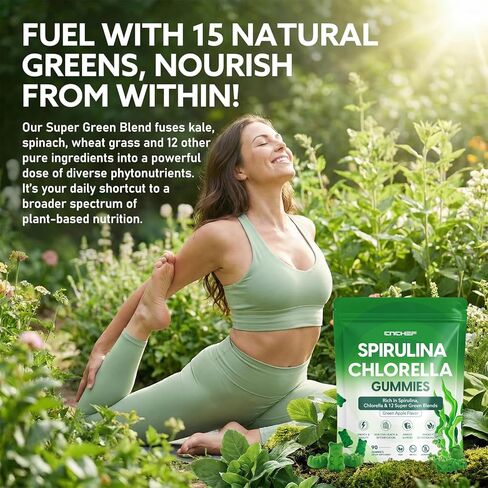 Organic Spirulina & Chlorella Gummies with 12 Super Greens Blend, Chlorophyll, Sea Moss, Parsley Leaf, Peppermint Leaf and Green Tea for Daily Energy, Detox & Immunity, 90-Count, Green Apple Flavor in Kuwait