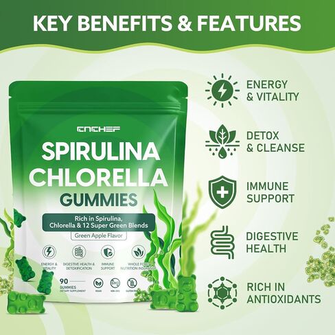 Organic Spirulina & Chlorella Gummies with 12 Super Greens Blend, Chlorophyll, Sea Moss, Parsley Leaf, Peppermint Leaf and Green Tea for Daily Energy, Detox & Immunity, 90-Count, Green Apple Flavor in Kuwait