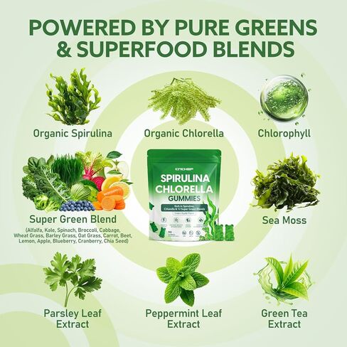 Organic Spirulina & Chlorella Gummies with 12 Super Greens Blend, Chlorophyll, Sea Moss, Parsley Leaf, Peppermint Leaf and Green Tea for Daily Energy, Detox & Immunity, 90-Count, Green Apple Flavor in Kuwait
