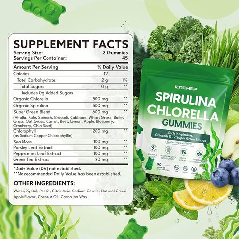 Organic Spirulina & Chlorella Gummies with 12 Super Greens Blend, Chlorophyll, Sea Moss, Parsley Leaf, Peppermint Leaf and Green Tea for Daily Energy, Detox & Immunity, 90-Count, Green Apple Flavor in Kuwait