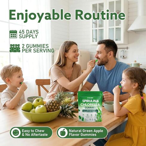 Organic Spirulina & Chlorella Gummies with 12 Super Greens Blend, Chlorophyll, Sea Moss, Parsley Leaf, Peppermint Leaf and Green Tea for Daily Energy, Detox & Immunity, 90-Count, Green Apple Flavor in Kuwait