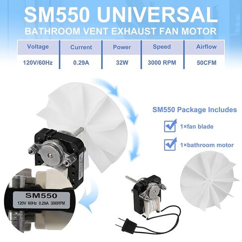 Bathroom Vent Exhaust Fan Motor Replacement Electric Motors Kit, Compatible for Nutone Broan Uppco Quiet Exhaust Vent Fan Motor 50CFM 3000RPM 120V, 1.5 Sones SM550 with Blower Wheel in Kuwait