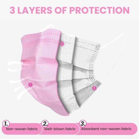 100 Pack Disposable Face Masks, 3 Ply Filter Protection Disposable Face Masks Pink in Saudi Arabia