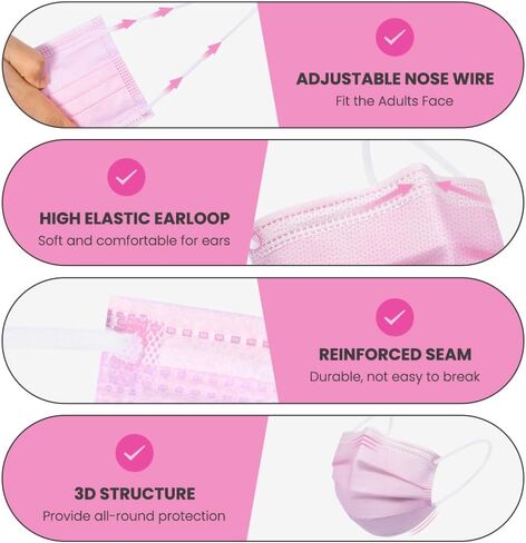 100 Pack Disposable Face Masks, 3 Ply Filter Protection Disposable Face Masks Pink in Saudi Arabia
