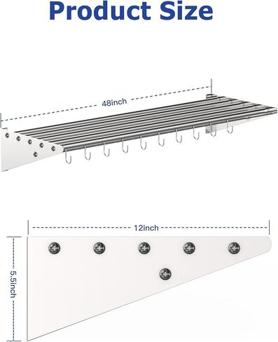 Stainless Steel Shelf Wall Mounted, NSF Commercial Wall Shelf, Floating Shelving for Kitchen, Restaurant, Home, Hotel, 48 x 12 Inches Pipe Surface with 10 Hooks in Kuwait