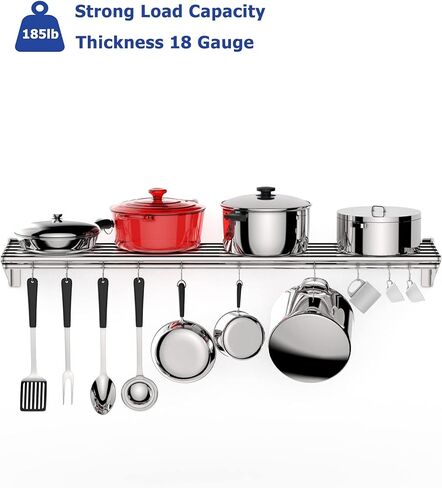 Stainless Steel Shelf Wall Mounted, NSF Commercial Wall Shelf, Floating Shelving for Kitchen, Restaurant, Home, Hotel, 48 x 12 Inches Pipe Surface with 10 Hooks in Kuwait