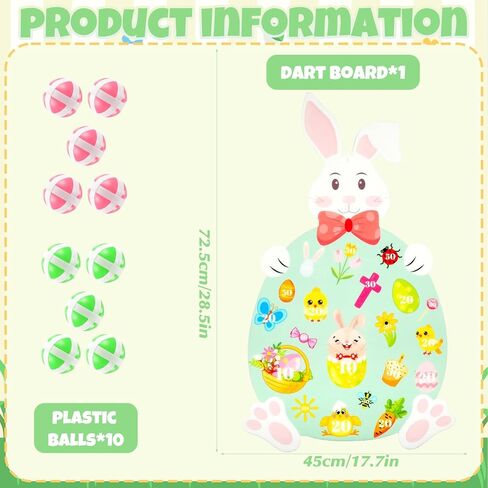 لعبة رمي أرنب عيد الفصح - لوح رمي السهام على شكل أرنب مع 10 كرات، ألعاب حفلات عيد الفصح الملونة للأطفال والعائلة، لعبة الكرنفال الداخلية والخارجية وديكورات العطلات (28.3 بوصة × 17.7 بوصة) in Kuwait