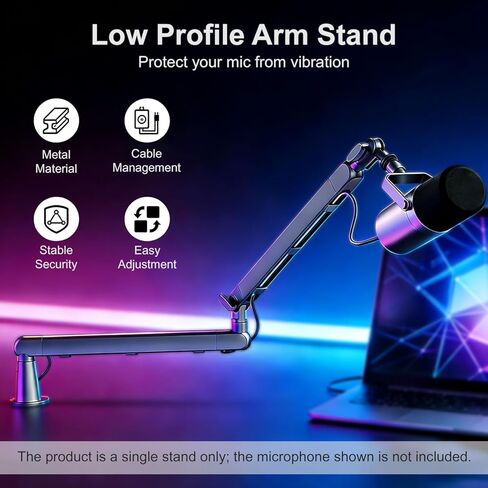 Microphone Boom Arm - Heavy Duty Low Profile Metal Mic Arm Stand with Desk Clamp & Cable Management, 360° Rotatable, Fits Shure SM7B/MV7, Blue Yeti, Fifine AM8, AT2020 for Podcasting & Gaming in Kuwait