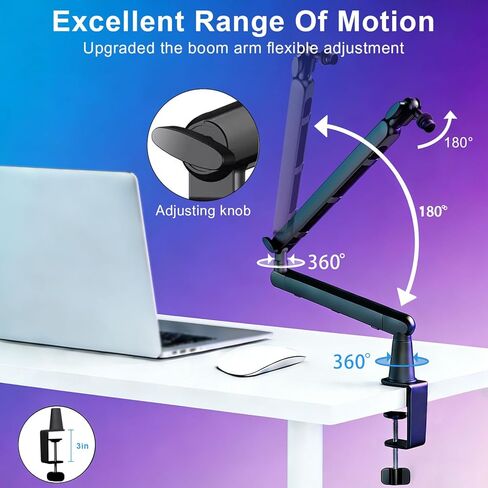 Microphone Boom Arm - Heavy Duty Low Profile Metal Mic Arm Stand with Desk Clamp & Cable Management, 360° Rotatable, Fits Shure SM7B/MV7, Blue Yeti, Fifine AM8, AT2020 for Podcasting & Gaming in Kuwait