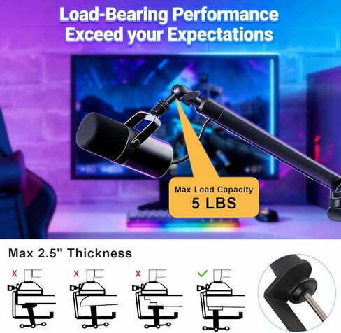 Microphone Boom Arm - Heavy Duty Low Profile Metal Mic Arm Stand with Desk Clamp & Cable Management, 360° Rotatable, Fits Shure SM7B/MV7, Blue Yeti, Fifine AM8, AT2020 for Podcasting & Gaming in Kuwait