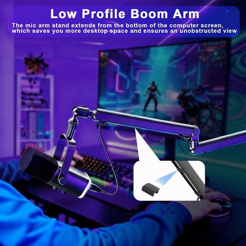 Microphone Boom Arm - Heavy Duty Low Profile Metal Mic Arm Stand with Desk Clamp & Cable Management, 360° Rotatable, Fits Shure SM7B/MV7, Blue Yeti, Fifine AM8, AT2020 for Podcasting & Gaming in Kuwait