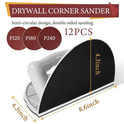Drywall Corner Sander, Angle Sanding Tool with 12PCS Reusable 9 Inch Hook and Loop Sanding Discs for Wall and Corners Cleaning Polishing (Grit 120/180/240) in Kuwait