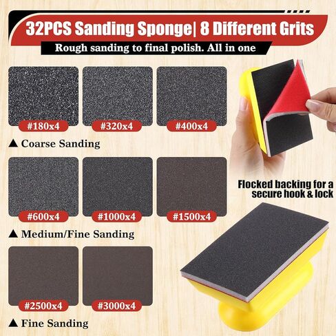 32Pcs Sanding Sponge Kit, 180-3000 Grit Foam Sanding Block with Sand Paper, Reusable Wet/Dry Fine Sandpaper for Wood, Metal, Auto, Jewelry, Musical Instruments, DIYers in Kuwait