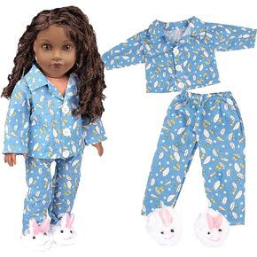 3pc Cozy Blue Pajama Outfit w Bunny Slippers - 18" Doll Clothes & Accessories Compatible w American Girl Dolls - Set Includes April Showers PJ Top & Bottom, & White Rabbit Slippers - Gifts for Girls