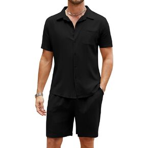 Flygo Men Cotton Linen Sets Outfits 2 Piece Summer Short Sleeve Shirt and Shorts Set Beach Wear Vacation Outfit