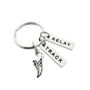 Pewter RUN TRACK RELAY Key Chain - Pewter Running Shoe Charm, Pewter TRACK and Pewter RELAY Pendant on Round Key Ring - All Pewter Key