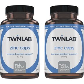 Twinlab Zinc Caps - Immune Support Supplement - Zinc Picolinate & Zinc Gluconate - Pure Zinc Supplement for Immune Defense, Healthy Skin, DNA Synthesis, Metabolism and Growth - 30mg, 100 Caps - 2 Pack