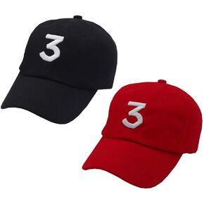 2 Pack Chance The Rapper Hat 3 Cool Rock Hip Hop Classic Casquette with Adjustable Strap Black and Red