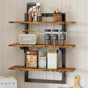 Bestier Floating Shelves for Wall, 24 inch Kitchen Shelves Wall Mounted, 3 Tier Coffee Bar Shelf with Foldable Brackets, Industrial Display Shelf for Bathroom, Living Room, Rustic Brown in Kuwait