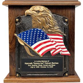 American Flag and Eagle Cremation Urn, Wood Funeral Urns with Engraving