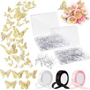 263 Pcs Flower Bouquet Accessories, 200 Bouquet Corsages Pins 60 3D Gold Butterfly Wall Decor 3 Rolls Gold Edged Ribbon Flower Diamond Pins Floral Arrangements for Mother's Day Birthday Wedding Party