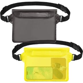 2-Pack Waterproof Pouch with Adjustable Waist Strap, Waterproof Dry Bag, Keeps Cell Phones and Valuables Safe and Dry, Perfect for Kayaking, Beach, Camping and Swimming (Black + Yellow)