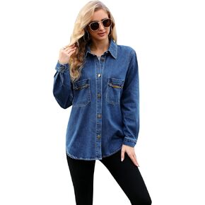 Love Welove Fashion Chic Denim Shacket Jacket For Women - Casual Oversized Boyfriend Style With Fashion Metal Chain Accents