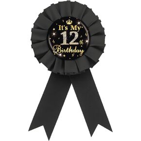 It's My 12th Birthday Tinplate Badge Pin, Gold Diamond Happy 12th Birthday Button Pin, 12 & Fabulous Birthday Black Rosette Award Ribbon Pin for Girl, Brooch Buttons for Twelve Years Old Birthday Party Decoration
