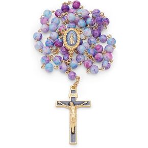 Rosary Beads catholic for Women and Men Blessed During Pope's Angelus, Miraculous Virgin Rosary with Variegated Glass on a Gold Plated Brass Chain - Perfect Catholic gifts