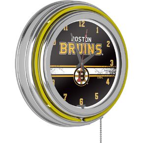 Trademark Global Neon Clock - Retro Boston Bruins Logo Analog Wall Clock with Pull Chain - for Kitchen, Garage, Game Room, or Home Bar